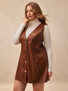 Écloséra Curve Women's Plus Size Autumn/Winter Solid Brown PU Leather Fashion Minimalist Front Button Cinched Waist A-Line Dress, Suitable For Commuting, Shopping And Other Daily Occasions - Brown - View 4