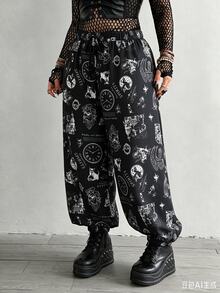 Whyspr Plus Size Dark Style Patchwork Print Loose Pants - Black - View 1