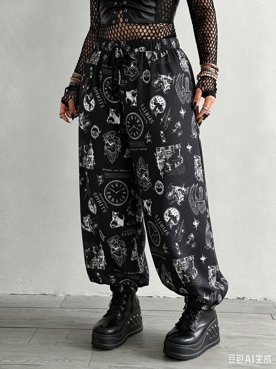 Whyspr Plus Size Dark Style Patchwork Print Loose Pants - Black - View 1