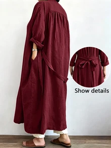 Linhara CURVE Jaket Linen Panjang Kasual Wanita, Atasan Kasual untuk Jalan-jalan dan Berpergian - Burgundy - View 2