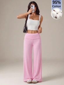 SHEIN Tall 黑色高腰寬腿寬鬆休閒長褲 - 粉色 - 查看 3