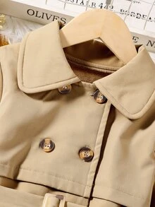 Elladie kids 女童簡約雙排扣中長版風衣，春秋時尚腰帶夾克 - 卡其色 - 查看 5
