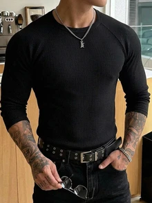 DAZY Spring/Autumn Black Slim Fit Raglan Sleeve Crew Neck Ribbed Elastic Knit Fabric Streetwear Men's T-Shirt - Black - View 9