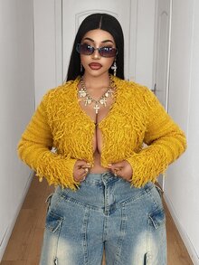 Maweii Sexy,Yellow,Tassel Decoration,Elegant/Fashionable,Party,Long-Sleeved Cardigan,Women's Coat,Autumn/Winter,Christmas, Plus Size Women's Knit Cardigan - Yellow - View 8