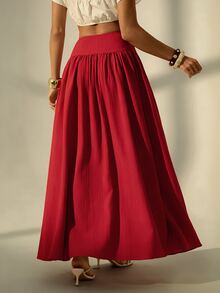 SHEIN Tall 女款素色百褶休閒百搭日常穿著裙 - 紅色 - 查看 2