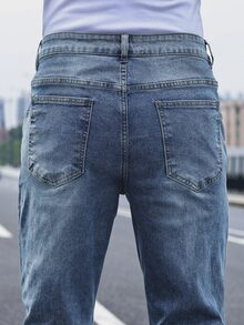 QuarKem 男士休閒水洗錐形直筒牛仔褲 - 淺色水洗藍 - 查看 6