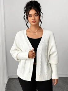 SHEIN Elenzya Women's Autumn New Single Piece Rope Pattern Sleeve Tight Design Loose Short Versatile Solid Color Daily Commute Knit Cardigan Sweater Plus Size - Beige - View 4