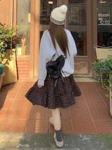 DAZY Women's Polka Dot Elastic Waist Ruched Skirt - Coffee Brown - View 2