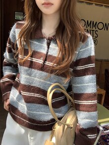 DAZY Women's Collared Striped Korean Style Long Sleeve Sweater - Multicolor - View 1