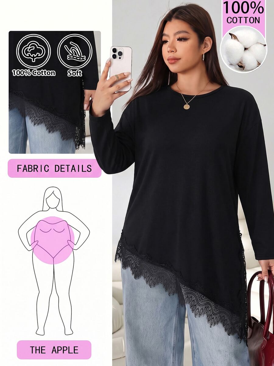 Solflare Plus Size Women Solid Color Round Neck Asymmetrical Hem Contrast Lace Casual Loose Long Sleeve T-Shirt - Black - View 1