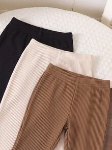 SHEIN 3pcs/Set Baby Girl Elastic Thick Ribbed Flare Leggings Long Pants Suitable For Winter - Brown - View 3