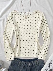 SHEIN Tween女孩秋冬休閒學院風奶油色針織波點印花修身長袖T恤，適合秋季出遊、返校、日常穿著，Y2K上衣 - 米色 - 查看 3