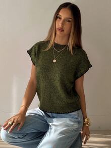 Aloruh Women's Round Neck Contrast Trim Shell Embroidery Sweater Vest, Suitable For Daily Wear - Army Green - View 4