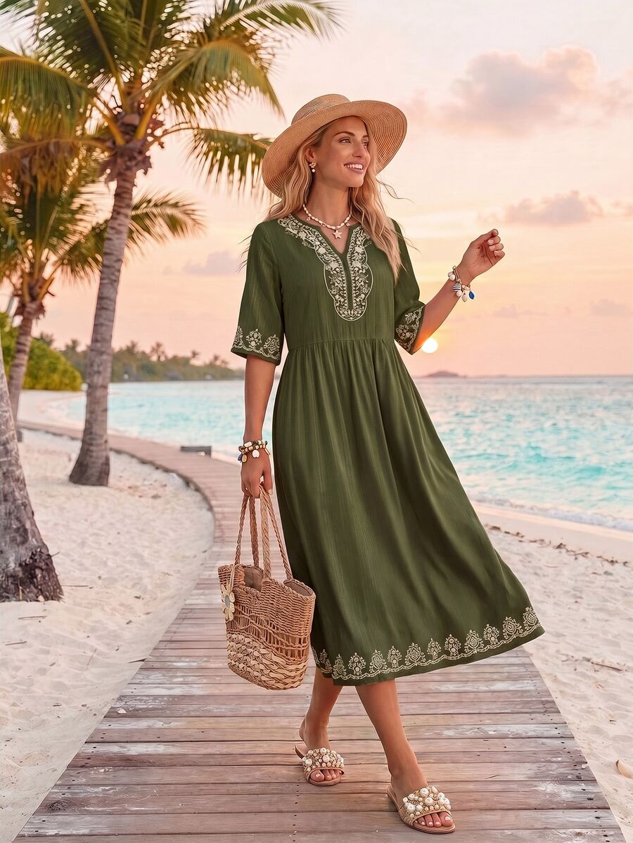 Sylviya Lässiges weißes Damen-Sommerkleid mit Blumenmuster und V-Ausschnitt für den Urlaub - Armeegrün - Übersicht 1