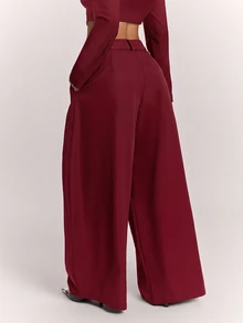 SHEIN BAE 女款純色口袋休閒日常通勤旅行西裝褲。黑色寬腿西裝褲附口袋 | 休閒寬鬆，休閒工作褲 - 酒紅色 - 查看 2