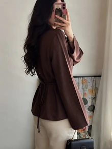 Celisse Women's Brown Frog Button Asymmetrical Collar Stand Collar Flared Sleeve Long New Chinese Style Shirt, Elegant Commute, Spring/Autumn - Brown - View 2