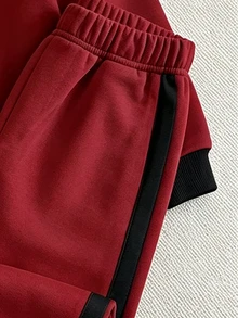 女童 2 件套休閒時尚春秋冬季男孩圓領運動衫與運動長褲套裝，酷炫幾何拼接圖案，彈性柔軟面料，春秋冬季男孩套裝，休閒穿著，返校、派對，適合戶外野餐、街頭攝影、校園、假期、禮物 - 酒紅色 - 查看 3