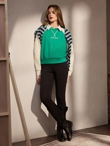 Nima Coro Women's Letter Pattern Colorblock Casual Everyday Long Sleeve Sweatshirt - Green - View 8