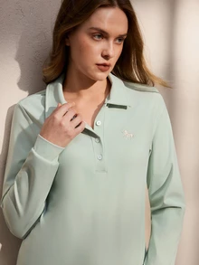 Nima Coro Women's Fashion Half-Open Knit Polo Shirt, Autumn/Winter - Lime Green - View 1