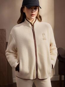 SHEIN Women's Contrast Color Letter Print Zipper Casual Daily Long Sleeve Jacket - Apricot - View 1
