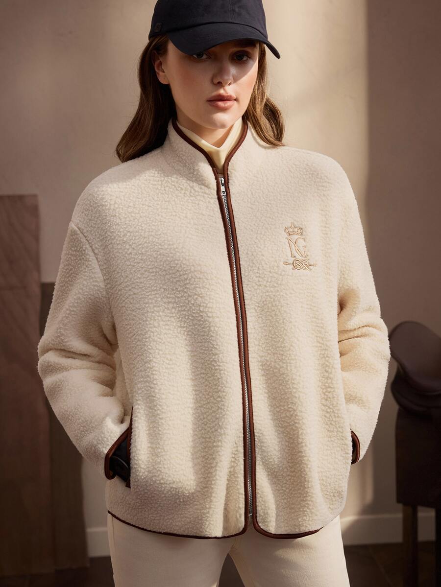 SHEIN Women's Contrast Color Letter Print Zipper Casual Daily Long Sleeve Jacket - Apricot - View 1