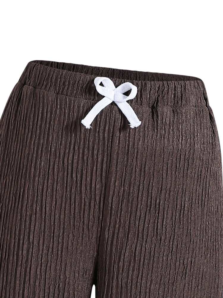 SHEIN Tween Girl Autumn/Winter Casual Kids Slim Fit -Neck Long Sleeve Blue & White Knit Striped Bow T-Shirt Top And Matching Leg Wide Leg Pants 2 Pieces Set - Brown - View 3
