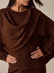 SHEIN طقم نسائي من قطعتين كنزة فضفاضة مع شال ملفوف بتفاصيل باللون البني وبنطال كنزة كاجوال متناسق - بني - مشاهدة 3