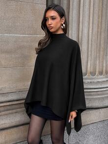 Aloruh Sweater Cape Kasual Longgar Wanita Warna Polos dengan Kerah Tegak dan Hem Asimetris - Hitam - View 7