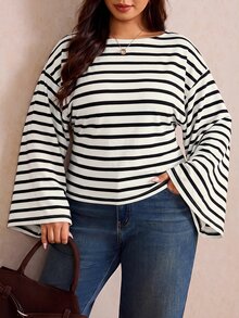 Elaquor Plus Size Minimalist Striped Colorblock Waist-Cinching T-Shirt For Daily Wear - Black and White - View 5