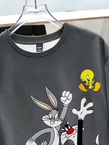 LOONEY TUNES X SHEIN Daypath 男士卡通印花休閒日常短袖T恤 - 灰色 - 查看 3