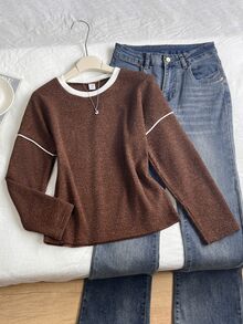 SHEIN Girls' Colorblock Horizontal Striped Long Sleeve T-Shirt, Pink, Coffee, Beige Three-Color Patchwork Round Neck Drop Shoulder Loose Oversize Lazy Pullover Top, Preppy Style Spring Autumn Daily Casual Outing Base Layer T-Shirt - Brown - View 1