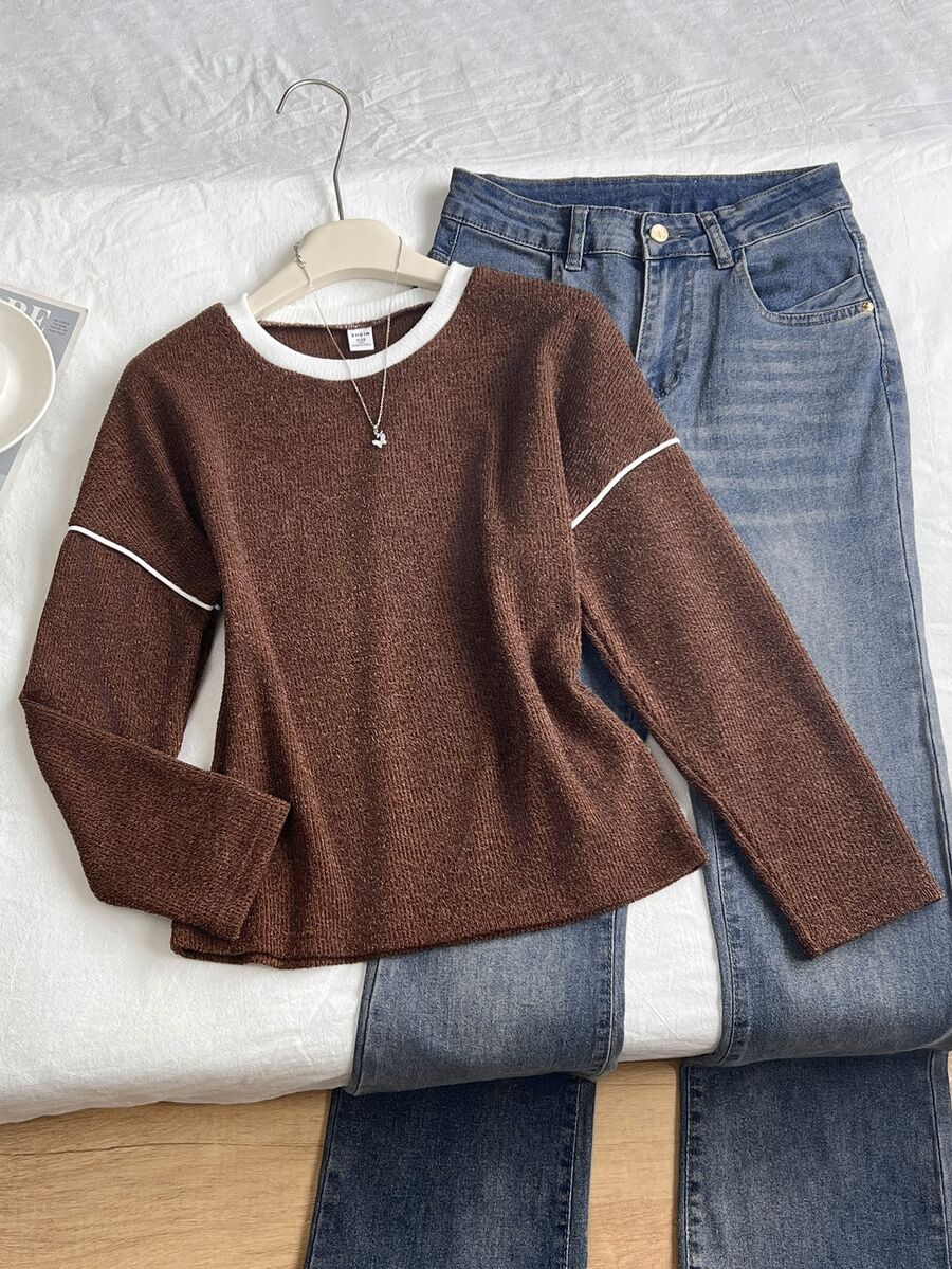 SHEIN Girls' Colorblock Horizontal Striped Long Sleeve T-Shirt, Pink, Coffee, Beige Three-Color Patchwork Round Neck Drop Shoulder Loose Oversize Lazy Pullover Top, Preppy Style Spring Autumn Daily Casual Outing Base Layer T-Shirt - Brown - View 1
