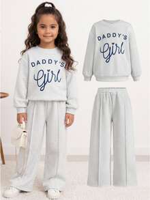 Young Girl Kids Casual Simple Light Gray Autumn/Winter English Letter Print Sweatshirt & Sweatpants 2 Pieces Set, Fall,Fall Clothes,Long Sleeve Tops - Light Grey - View 6