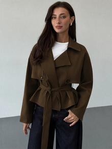 Aloruh 米色收腰短款女式風衣，適合秋冬，百搭辦公室優雅教師節法式優雅風 - 棕色 - 查看 1