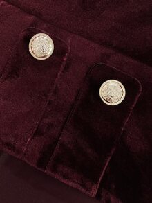SHEIN Vintage Royal Style Velvet Short Jacket For Women, Stand Collar Gold Button Design Long Sleeve Burgundy Short Coat - Burgundy - View 3
