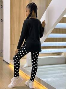SHEIN 少女蝴蝶結圖案長袖T恤與愛心印花內搭褲2件套，可愛休閒修身運動風校園穿搭套裝 - 黑色 - 查看 2