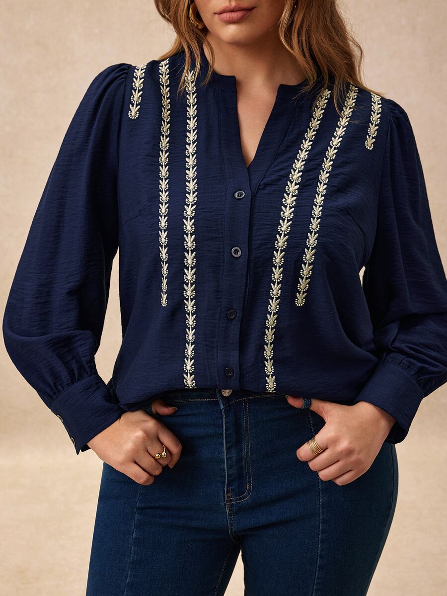 Écloséra Curve Plus Size Women's Bohemian Style Embroidered Blouse, Ruched Texture Woven Fabric, Small Stand Collar, V-Neckline, Vertical Striped Embroidery, Single-Breasted, Puff Long Sleeve, Loose Fit Top - Navy Blue - View 1