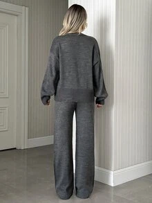 SHEIN Asymmetric Hem Rib Knit Sweater & Wide Leg Pants Two Pieces Knit Lounge Set - Grey - View 2