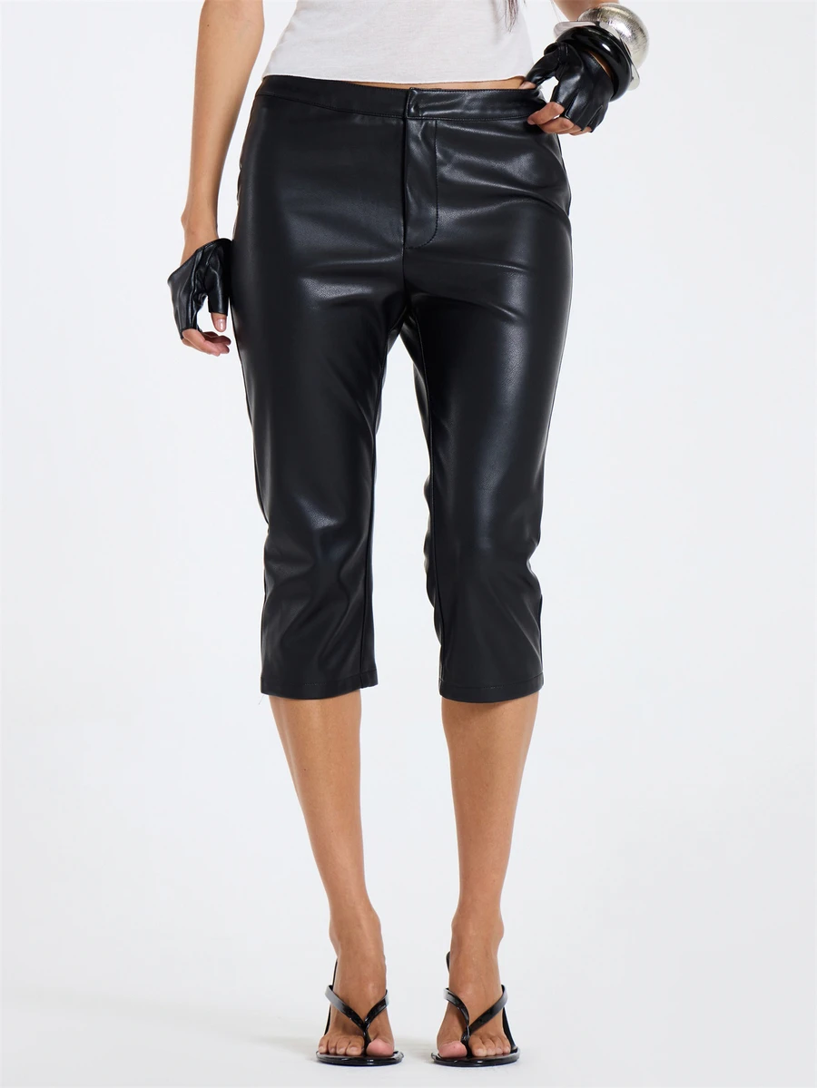 MUSERA Celana Capri Kulit PU Hitam untuk Wanita, Pakaian Kasual Musim Gugur dan Musim Dingin - Hitam - View 1
