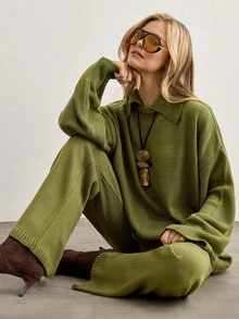 SHEIN Olive Green Heathered Knit Two Pieces Set With Collared Sweater And Wide Leg Pants - Green - View 7