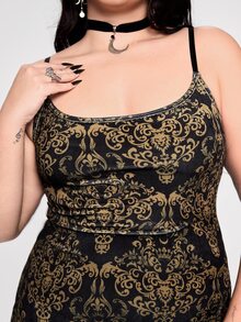 ROMWE Plus Size Women's Holiday Party Gothic Style Gold Pattern Velvet Spaghetti Strap Dress - Gold - View 8