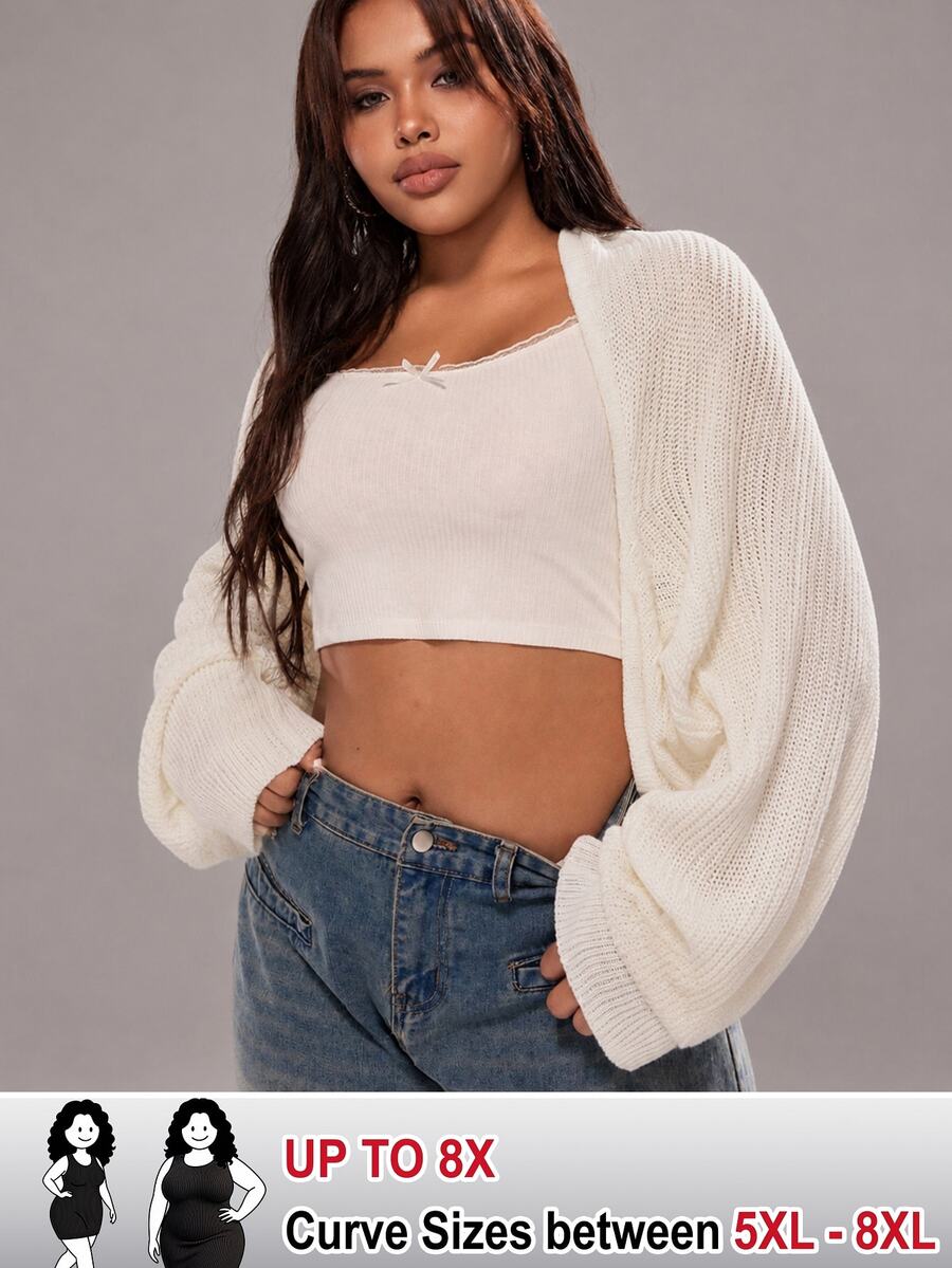 SHEIN CURVE+ Plus Size Women's Versatile Long Sleeve Cardigan Shawl Sweater, Suitable For Autumn/Winter - White - View 1