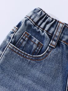 SHEIN 少女心形鏤空破洞牛仔褲 高腰寬腿休閒長褲 水洗牛仔 中藍色 時尚百搭 全年適用 - 中等水洗藍 - 查看 5