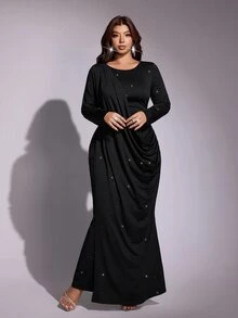 Viva Relle Plus Size Women's Black Starry Rhinestone Long Sleeve Evening Dress, Asymmetrical Ruched Draped Fitted Dress - Black - View 2