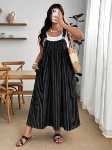 Enliva Plus Size Autumn Striped Loose Fit Pinafore Dress For Office Casual Formal Apple - Black - View 4