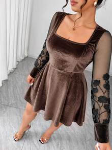 Elenzga Women's Plus Size Square Neck Solid Color Mesh Patchwork Embroidered Long Sleeve Cinched Waist Full Skirt Elegant Dress - Brown - View 6