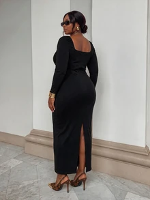 Firerie Women Plus Size Party Dress Elegant Lace Hollow Patchwork Long Sleeve Bodycon Dress - Black - View 2
