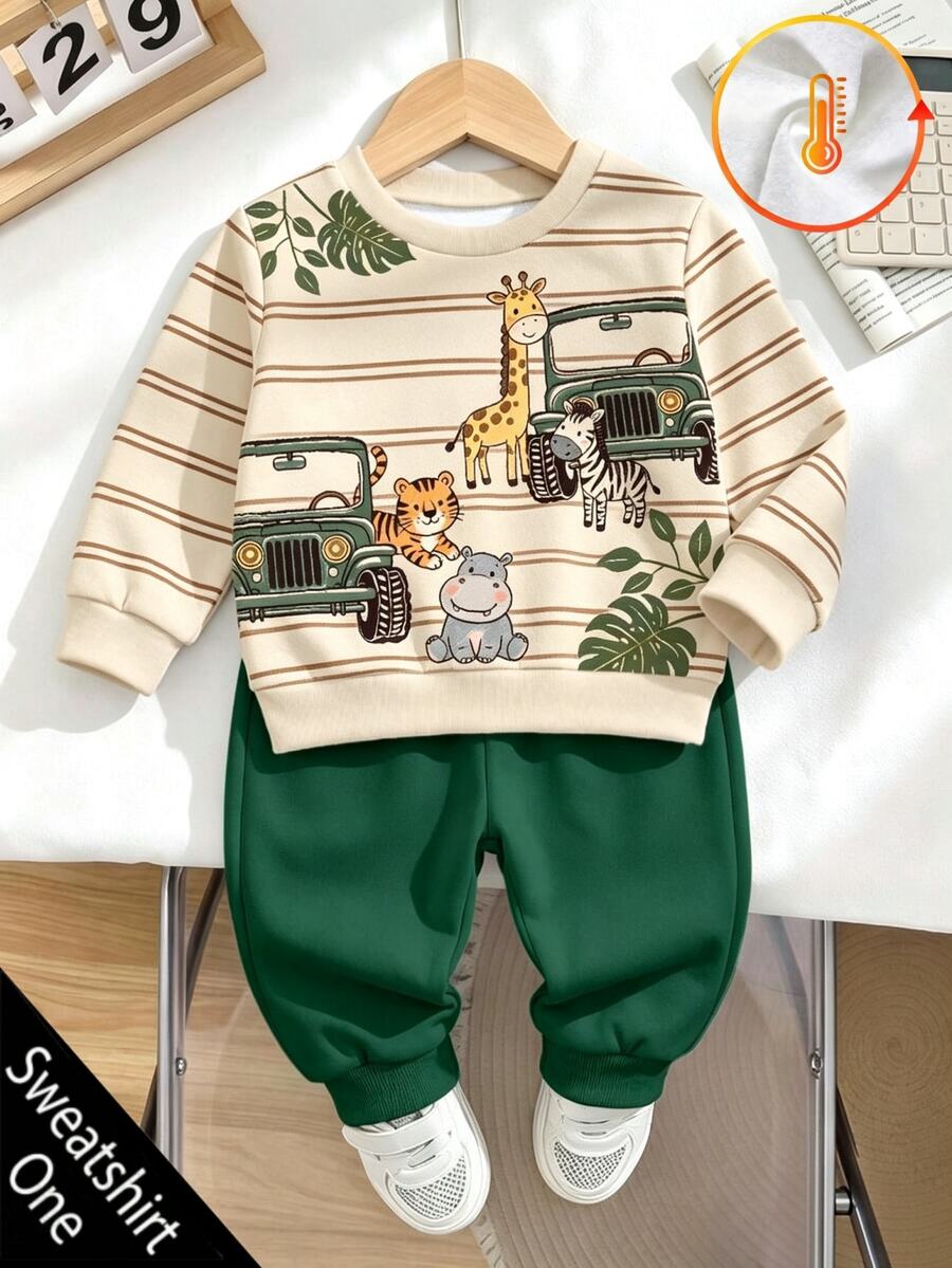 Baby Boys' Round-Neck Cute And Comfortable Cartoon Print Fleece Sweatshirt, Suitable For Autumn/Winter Seasons, Festivals, And Gift-Giving. - Black - View 1
