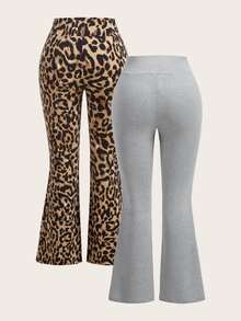 SHEIN EZwear Plus Size 2pcs Leopard Print Grey High Waist Crossover Fitted Casual Flare Leg Pants Set, Suitable For Autumn/Winter - Multicolor - View 2