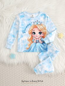 SHEIN Cute Cartoon Print Pattern Fitted Pajama Set For Baby Girls - Blue and White - View 3